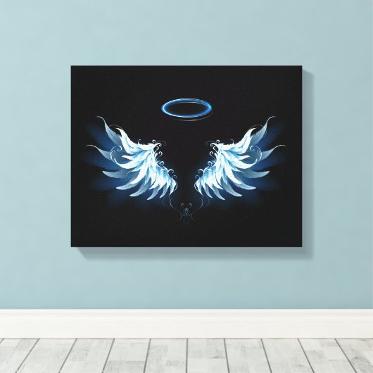 Blauwe Ggloed Angel Wings op zwarte achtergrond Canvas Afdruk (Insitu (Houten vloer))
