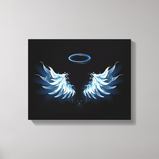 Blauwe Ggloed Angel Wings op zwarte achtergrond Canvas Afdruk (Voorkant)