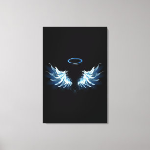 Blauwe Ggloed Angel Wings op zwarte achtergrond Canvas Afdruk