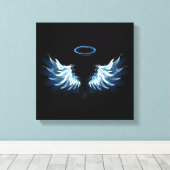 Blauwe Ggloed Angel Wings op zwarte achtergrond Canvas Afdruk (Insitu (Houten vloer))