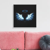Blauwe Ggloed Angel Wings op zwarte achtergrond Canvas Afdruk (Insitu (Woonkamer))