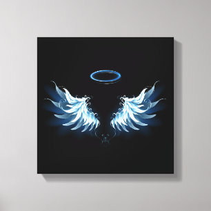 Blauwe Ggloed Angel Wings op zwarte achtergrond Canvas Afdruk