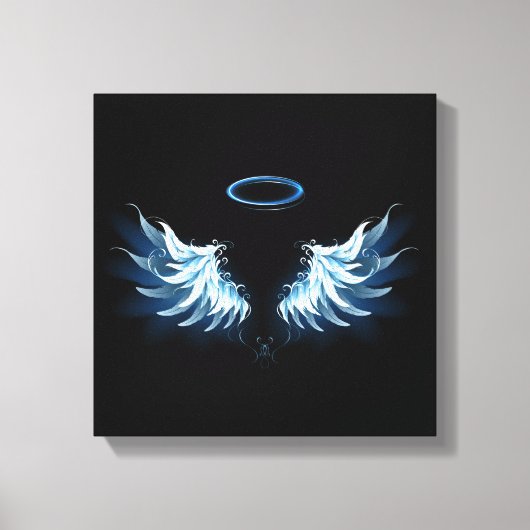 Blauwe Ggloed Angel Wings op zwarte achtergrond Canvas Afdruk (Voorkant)