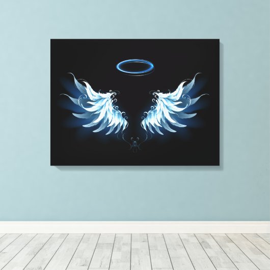 Blauwe Ggloed Angel Wings op zwarte achtergrond Canvas Afdruk (Insitu (Houten vloer))
