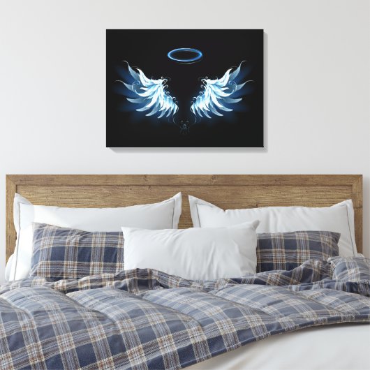 Blauwe Ggloed Angel Wings op zwarte achtergrond Canvas Afdruk (Insitu (Slaapkamer))