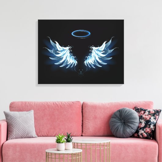 Blauwe Ggloed Angel Wings op zwarte achtergrond Canvas Afdruk (Insitu (Woonkamer))