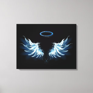 Blauwe Ggloed Angel Wings op zwarte achtergrond Canvas Afdruk