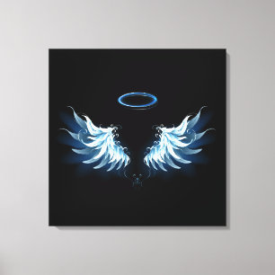 Blauwe Ggloed Angel Wings op zwarte achtergrond Canvas Afdruk