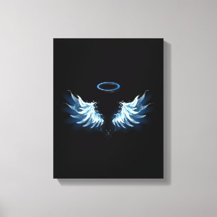 Blauwe Ggloed Angel Wings op zwarte achtergrond Canvas Afdruk