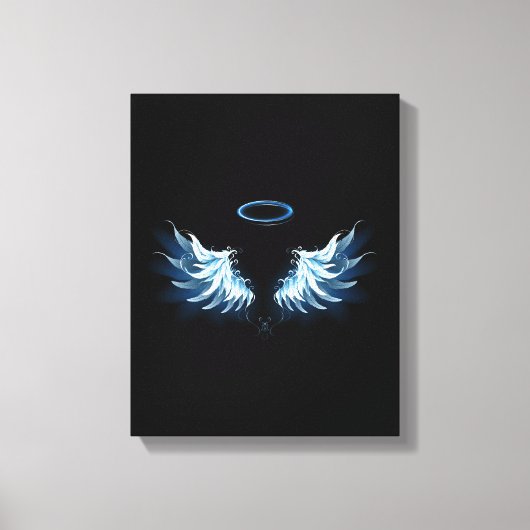 Blauwe Ggloed Angel Wings op zwarte achtergrond Canvas Afdruk (Voorkant)