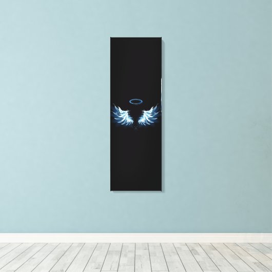 Blauwe Ggloed Angel Wings op zwarte achtergrond Canvas Afdruk (Insitu (Houten vloer))