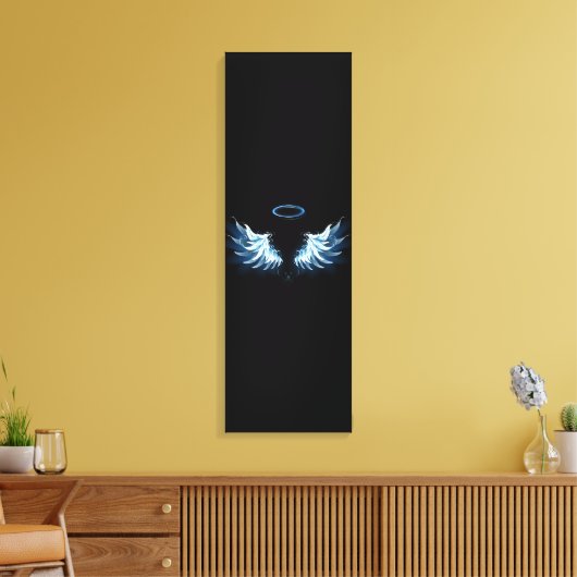 Blauwe Ggloed Angel Wings op zwarte achtergrond Canvas Afdruk (Insitu (Woonkamer))