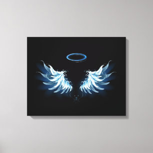 Blauwe Ggloed Angel Wings op zwarte achtergrond Canvas Afdruk