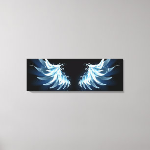 Blauwe Ggloed Angel Wings op zwarte achtergrond Canvas Afdruk