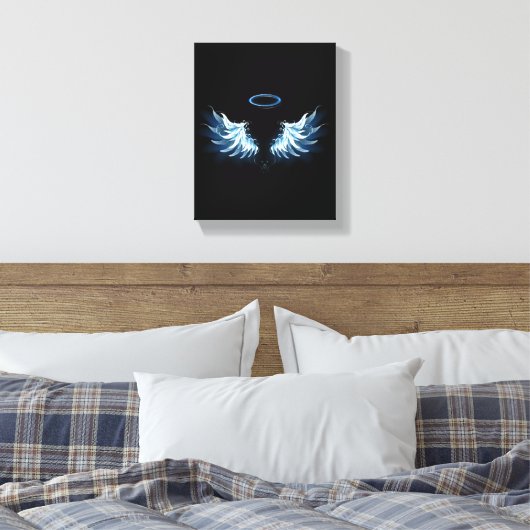 Blauwe Ggloed Angel Wings op zwarte achtergrond Canvas Afdruk (Insitu (Slaapkamer))