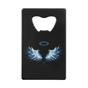 Blauwe Ggloed Angel Wings op zwarte achtergrond Creditkaart Flessenopener