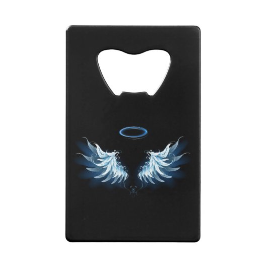 Blauwe Ggloed Angel Wings op zwarte achtergrond Creditkaart Flessenopener (Voorkant)