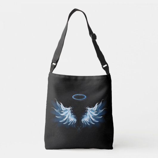 Blauwe Ggloed Angel Wings op zwarte achtergrond Crossbody Tas (Achterkant)