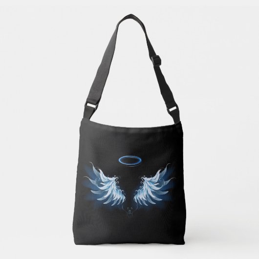 Blauwe Ggloed Angel Wings op zwarte achtergrond Crossbody Tas (Voorkant)