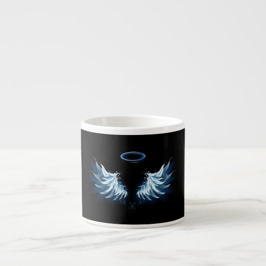 Blauwe Ggloed Angel Wings op zwarte achtergrond Espresso Kop (Voorkant)