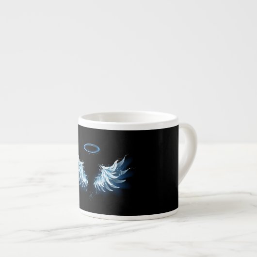 Blauwe Ggloed Angel Wings op zwarte achtergrond Espresso Kop (Voorkant rechts)