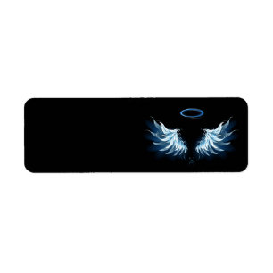 Blauwe Ggloed Angel Wings op zwarte achtergrond Etiket