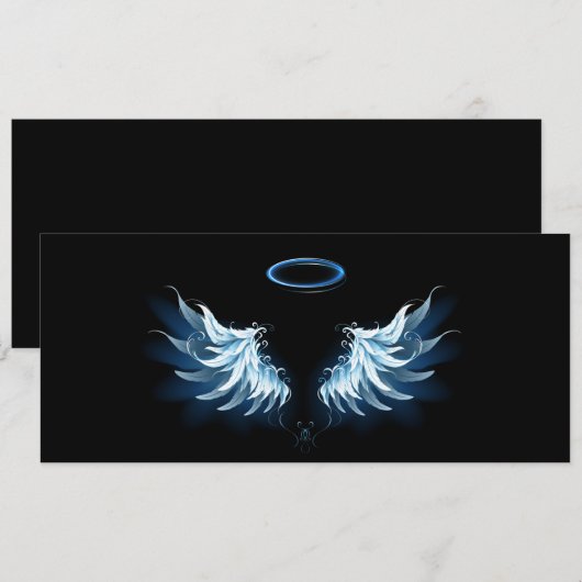 Blauwe Ggloed Angel Wings op zwarte achtergrond Feestdagenkaart (Voorkant / Achterkant)