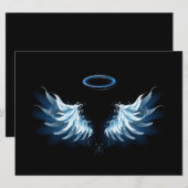 Blauwe Ggloed Angel Wings op zwarte achtergrond Feestdagenkaart (Voorkant / Achterkant)