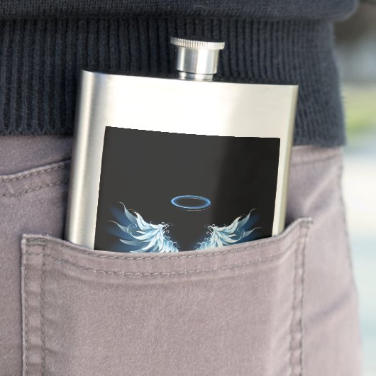 Blauwe Ggloed Angel Wings op zwarte achtergrond Flacon (Voorbeeld)