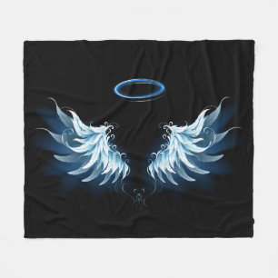 Blauwe Ggloed Angel Wings op zwarte achtergrond Fleece Deken