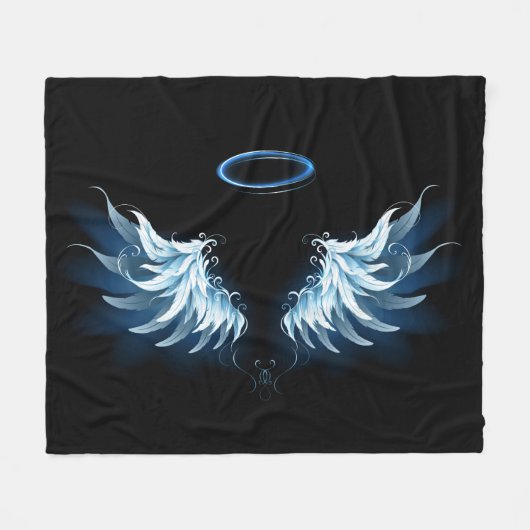 Blauwe Ggloed Angel Wings op zwarte achtergrond Fleece Deken (Voorkant (Horizontaal))