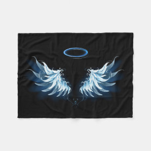 Blauwe Ggloed Angel Wings op zwarte achtergrond Fleece Deken