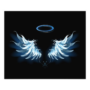 Blauwe Ggloed Angel Wings op zwarte achtergrond Foto Afdruk
