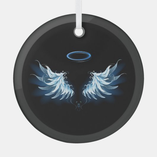 Blauwe Ggloed Angel Wings op zwarte achtergrond Glas Ornament (Voorkant)