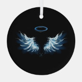 Blauwe Ggloed Angel Wings op zwarte achtergrond Glas Ornament (Achterkant)