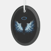 Blauwe Ggloed Angel Wings op zwarte achtergrond Glas Ornament (Voorkant links)