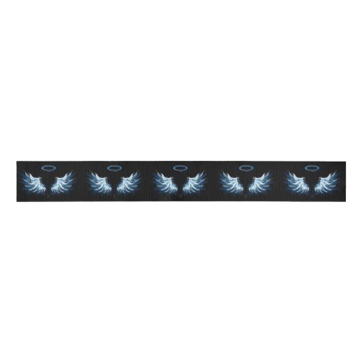 Blauwe Ggloed Angel Wings op zwarte achtergrond Grosgrain Lint (Voorkant)