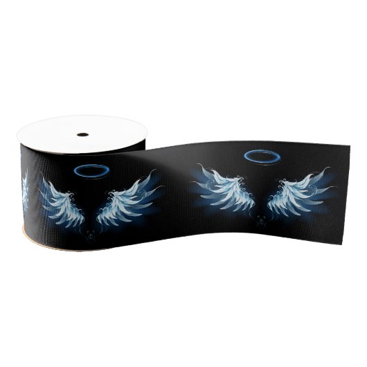 Blauwe Ggloed Angel Wings op zwarte achtergrond Grosgrain Lint (Spoel)