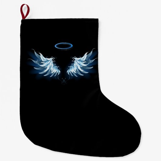 Blauwe Ggloed Angel Wings op zwarte achtergrond Grote Kerstsok (Voorkant)