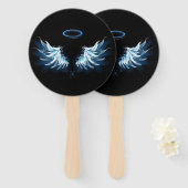 Blauwe Ggloed Angel Wings op zwarte achtergrond Handwaaier (Voorkant en achterkant)