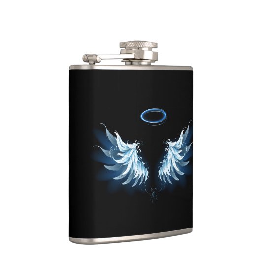 Blauwe Ggloed Angel Wings op zwarte achtergrond Heupfles (Rechts)