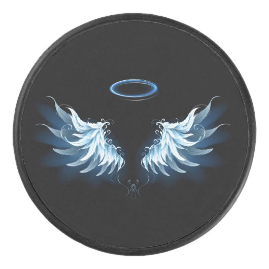 Blauwe Ggloed Angel Wings op zwarte achtergrond Hockey Puck (Voorkant)