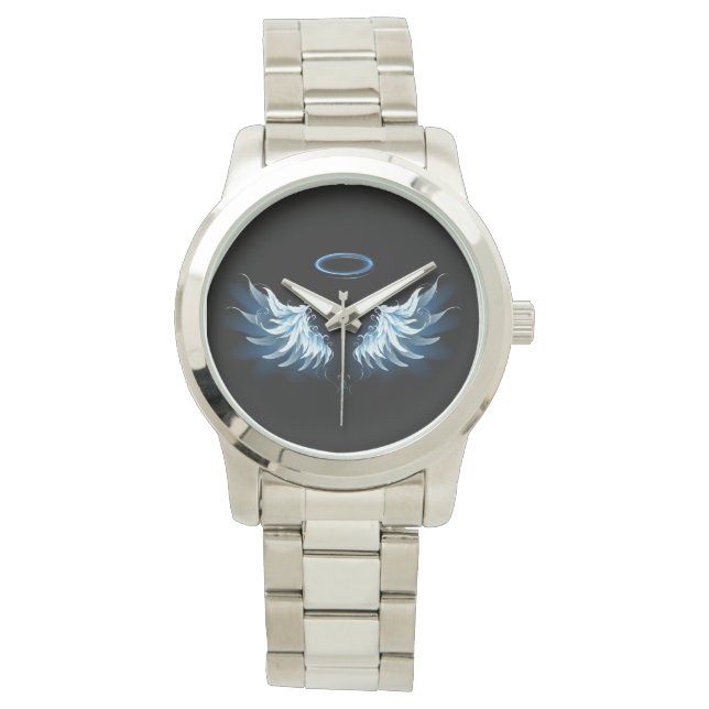 Blauwe Ggloed Angel Wings op zwarte achtergrond Horloge (Voorkant)