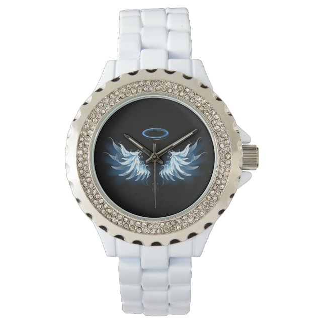 Blauwe Ggloed Angel Wings op zwarte achtergrond Horloge (Voorkant)