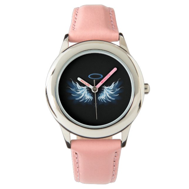 Blauwe Ggloed Angel Wings op zwarte achtergrond Horloge (Voorkant)