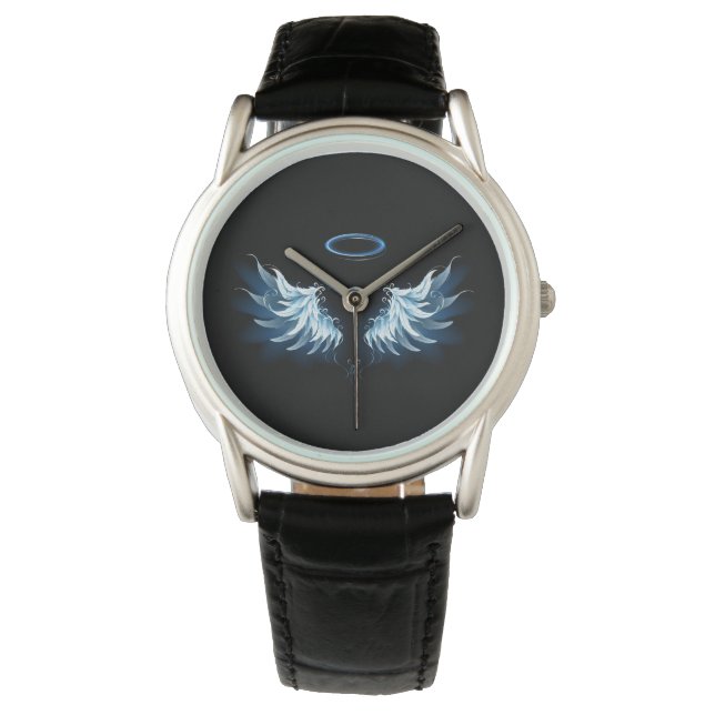 Blauwe Ggloed Angel Wings op zwarte achtergrond Horloge (Voorkant)