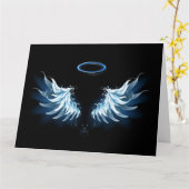 Blauwe Ggloed Angel Wings op zwarte achtergrond Kaart (Gele Bloem)