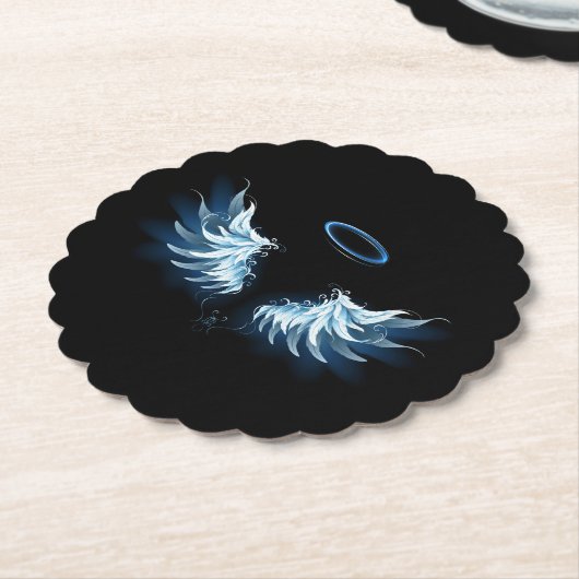 Blauwe Ggloed Angel Wings op zwarte achtergrond Kartonnen Onderzetters (Gekanteld)