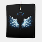 Blauwe Ggloed Angel Wings op zwarte achtergrond Keramisch Ornament (Links)
