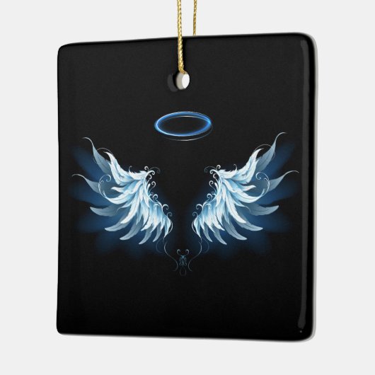 Blauwe Ggloed Angel Wings op zwarte achtergrond Keramisch Ornament (Links)